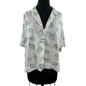 PIYAMA White Green Seashell Button Down Shirt Top Cotton Short Sleeves Size M/L